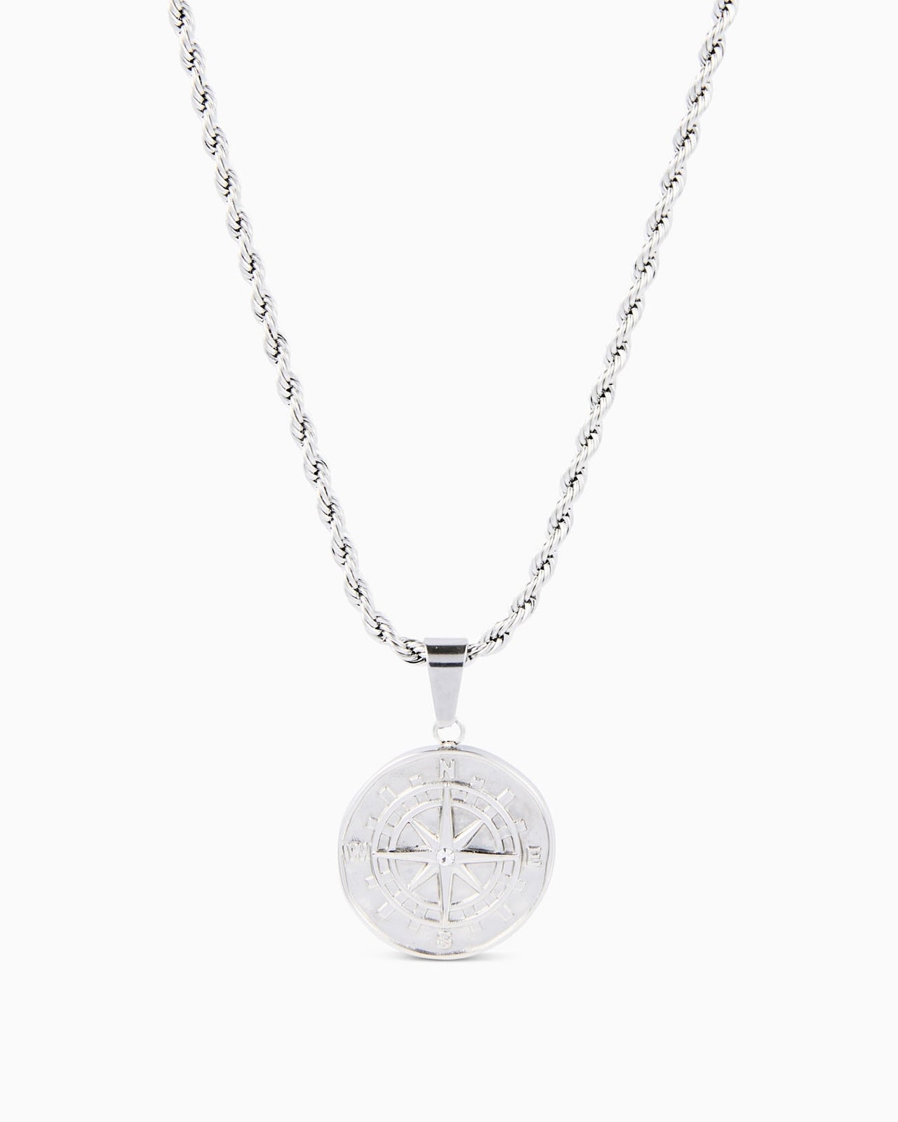 Compass Pendant & Rope (Silver)
